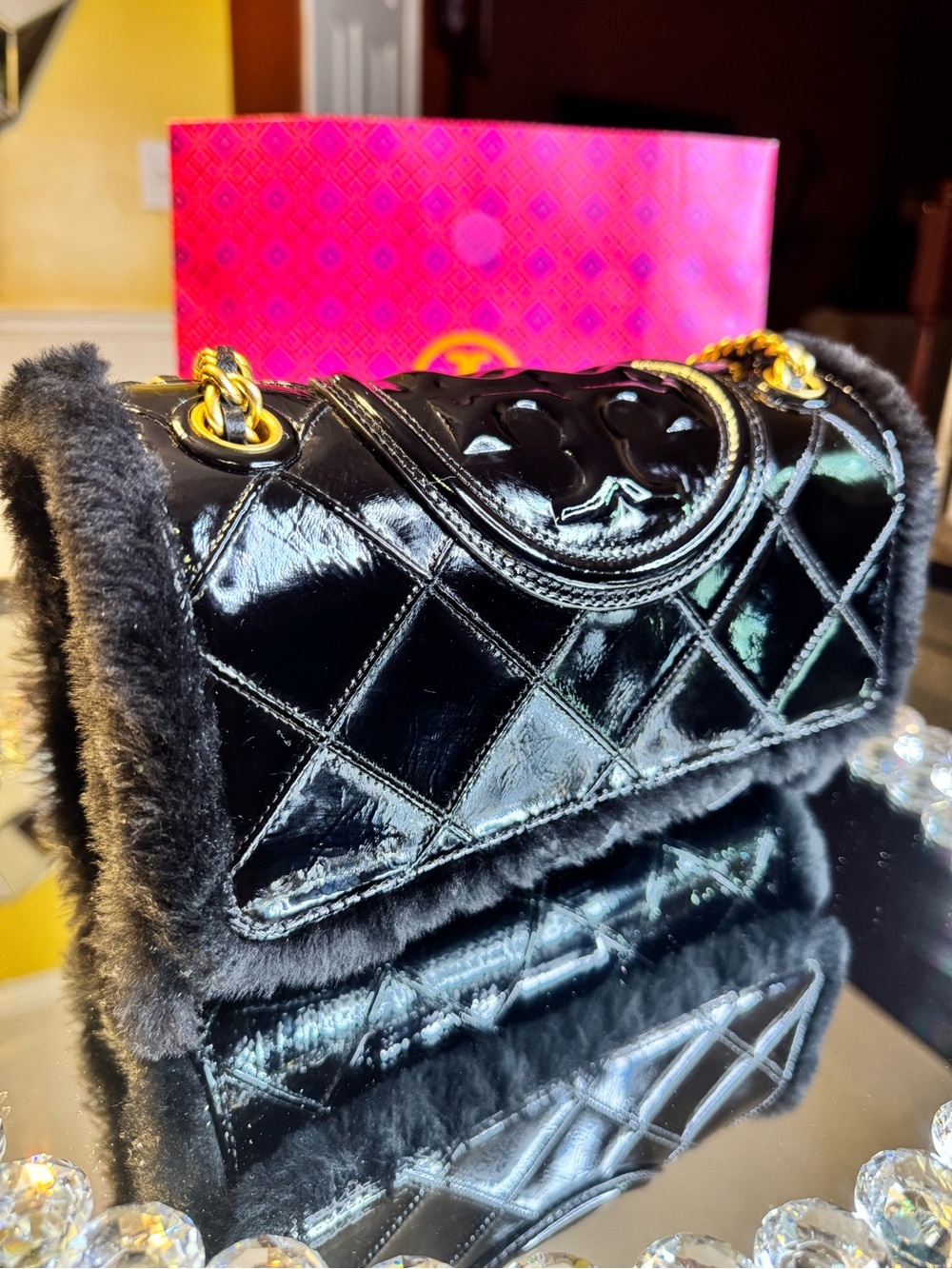 Tory Burch Small Fleming Soft Patent Shearling Convertible Shoulder Bag In Black